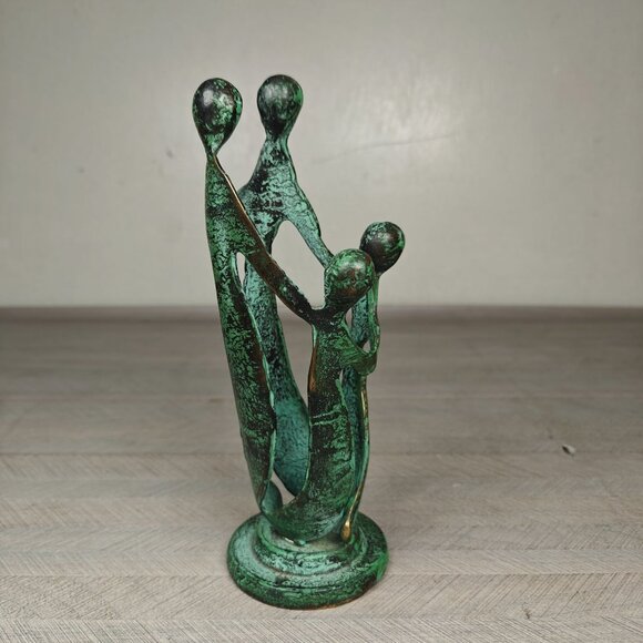 Vintage Abstract Family Sculpture Green Bronze Patina Handmade MCM Statue 9" - Picture 5 of 8